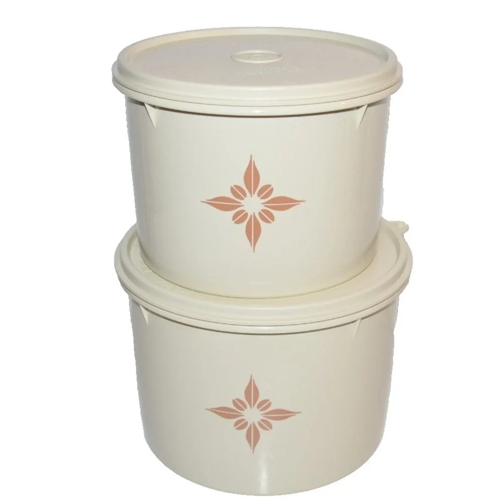 Tupperware Starburst Canisters Almond Color #265-15 & 264-21 Round W/Lids X2